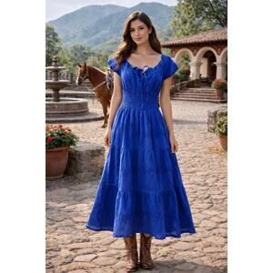 Scully Blue Peasant Dress Boho Western Smocked Midi Women's M